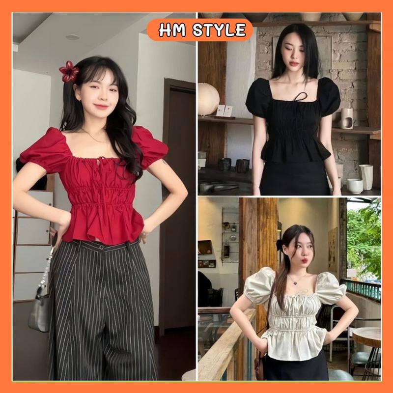 Áo babydoll cổ vuông tay bồng kiểu linen nhún thân tiểu thư 2 dây buộc nơ HA75