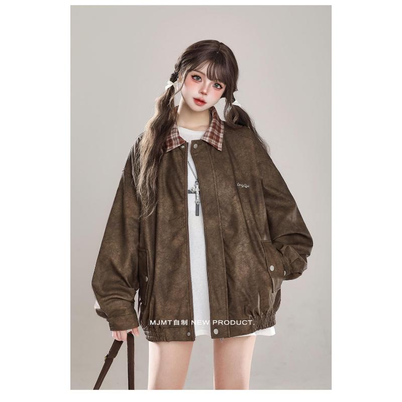Product Introduction of American Retro Spliced plaid Lapel Jacket For Women In Autumn New Loose Bf Trendy Brand Baseball Uniform Pu Leather Jacket 18