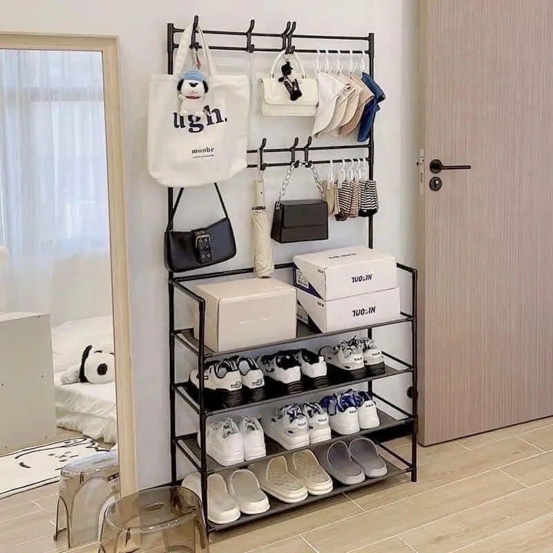 Kệ giầy chữ H 4 tầng sơn tĩnh điện kèm móc treo đồ ống trắng inox 2