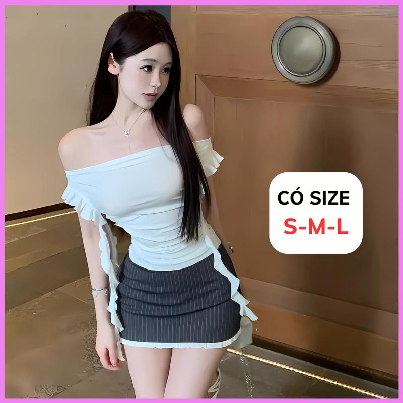 [CÓ SIZE] Áo Trễ Vai Ranshi Thiết Kế Dây Tua Rua Tay Ngắn Cho Nữ Chất Thun Cotton Mịn Đẹp Áo Trễ Vai Nữ Tiểu Thư Áo Kiểu Nữ- RA247 Top Women Đen