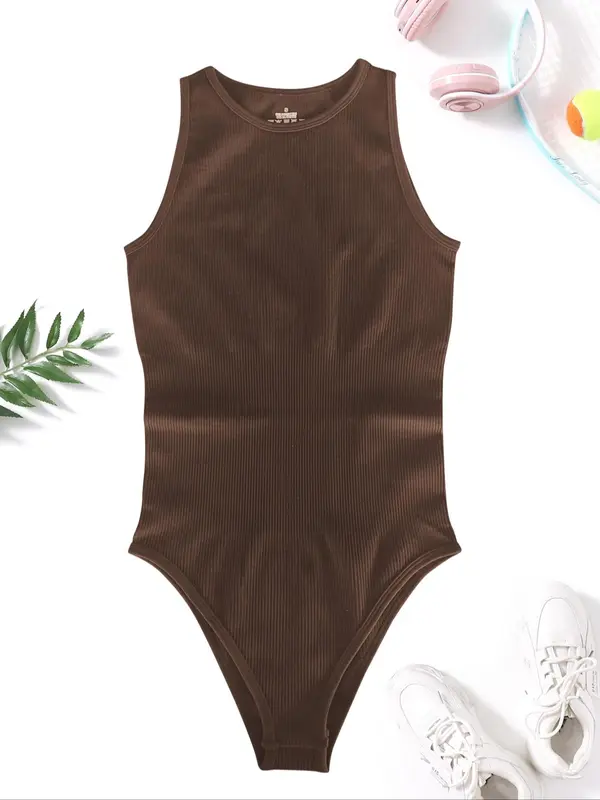 Women's Solid Round Neck Sports Bodysuit, Breathable Comfortable Sleeveless Tank Bodysuit for Yoga Gym Workout, Summer Outfits 2024, Ladies Sportswear for All Seasons 1
