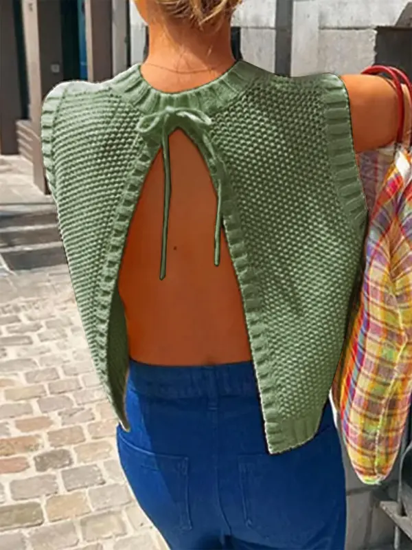 Women's Solid Split Tie Back Sweater Vest, Minimalist Fit Casual Round Neck Sleeveless Knit Top for Spring & Fall, Fashion Women's Knitwear for Daily Wear 6