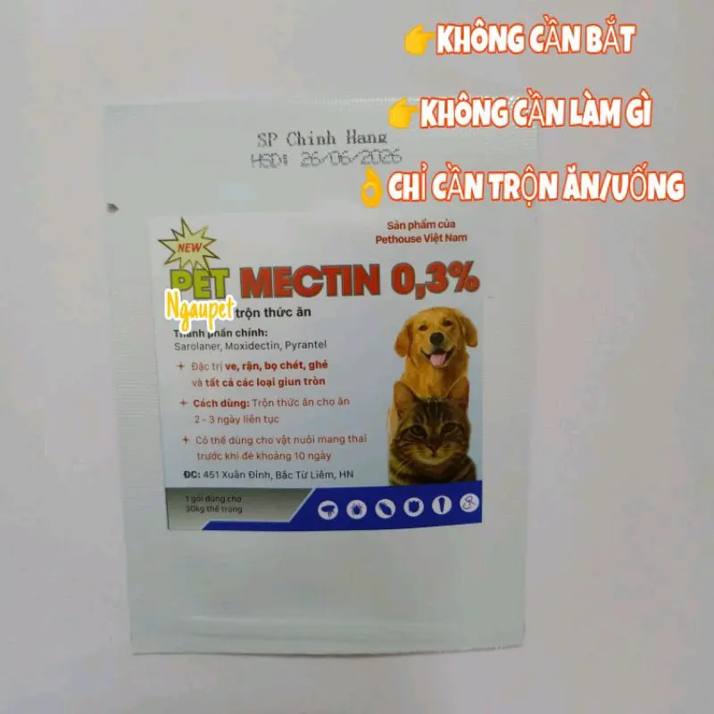 PET-MECTIN Trị ve ghẻ rận chó giun nội ký sinh trùng loại bột trộn thức ăn, nước uống gói 3g cho 30kg thể trọng Ngaupet xịt  rận  cho  chó