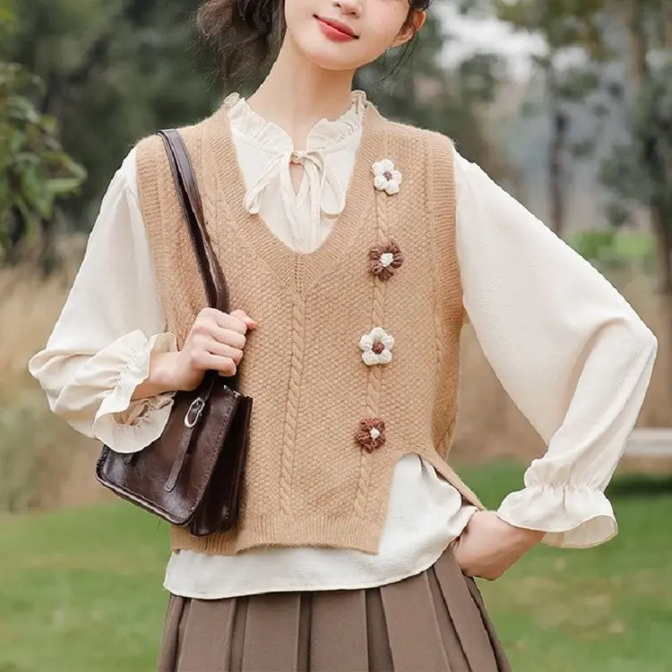 Váy Băng Quấn Cổ Điển Cổ Chữ V, Màu Trơn Xẻ Tà, Hoa Ba Chiều Dáng Rộng Thích Hợp Cho Mùa Thu Và Mùa Đông, Có Thể Mặc Ngoài Trời, Áo Khoác Vest Dệt Kim Nữ Kim Tuyến