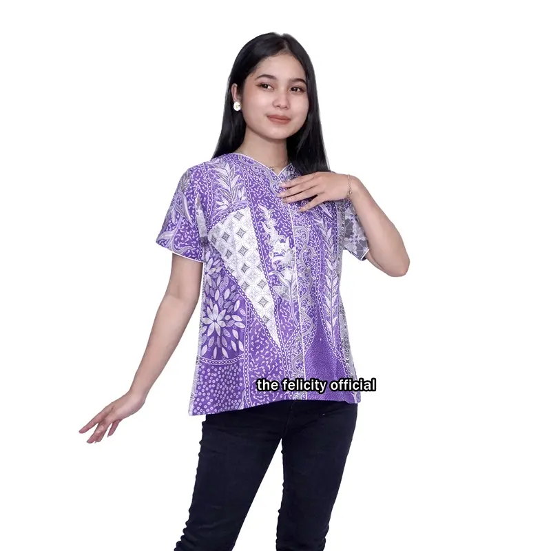 Blouse Batik Wanita Lengan Panjang Pendek Modern Kantor Kerja Lavender by Felicity Katun Putih 1