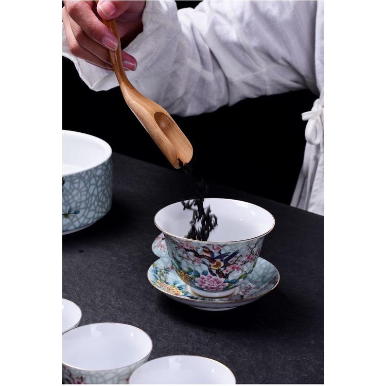 Enamel colored ceramic tea cup with floral patterns and gold inlay, 150ml three piece lid bowl, household tea cup, Kung Fu tea set 7