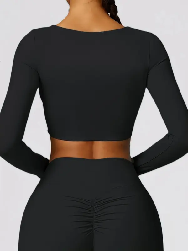 Women's Solid Long Sleeve Thumb Hole Crop Sports Tee, Casual Comfy Breathable Quick Drying Skinny T-shirt Tops for Yoga Gym Workout Running, Ladies Sportswear for Spring & Fall, Training Top 4