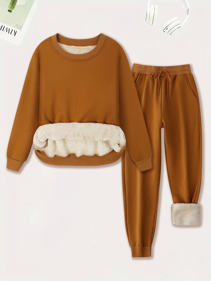 Product Introduction of Women's Plain Plush Lined Sweatshirt & Drawstring Waist Sweatpants Two-piece Set, Casual Round Neck Long Sleeve Pullover & Pocket Jogger Pants Co-ords Set, Women's  Tummy Flattering Two-piece Outfits for Winter 10