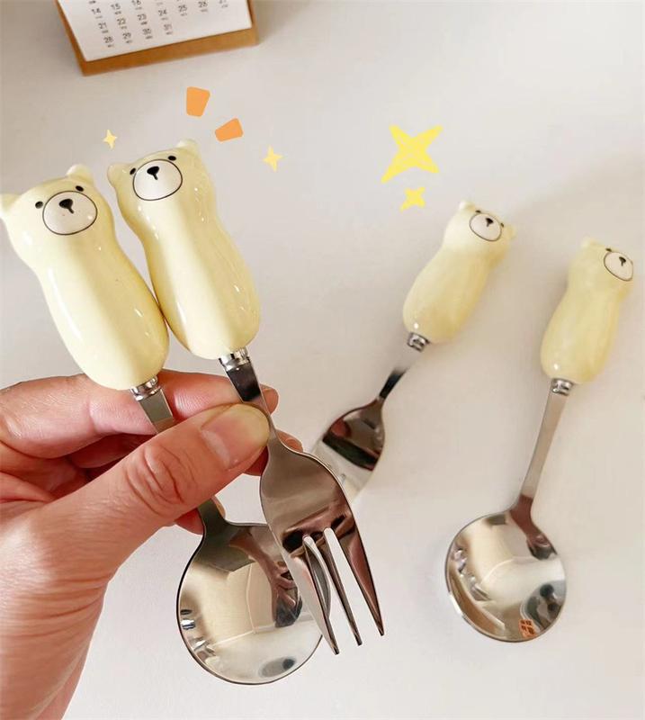 Product Introduction of Bear rice short handle cute spoon set ceramic fork cartoon children household dessert spoon dining Cutlery Tableware 5