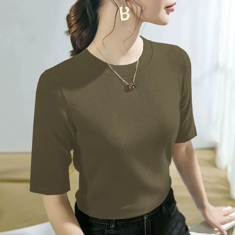Blaus Seluar Dalam, Gaya Korea Baru Musim Panas, Lengan Separuh Panjang Benang, Leher Bulat Wanita, Serba guna, Boleh Dipakai Di Dalam, Baju Lengan Tengah Wanita Langsing, Fesyen