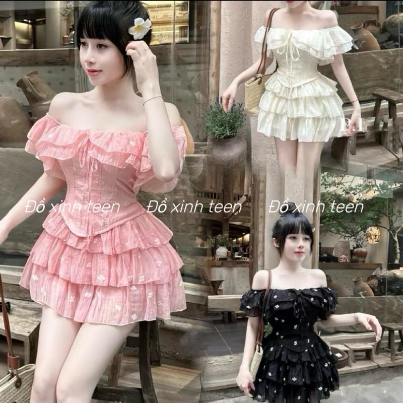  Set áo tơ trễ vai bèo hoa nhí kèm chân váy 3 tầng có lót quần chất đũi mềm không ngứa Nữ 