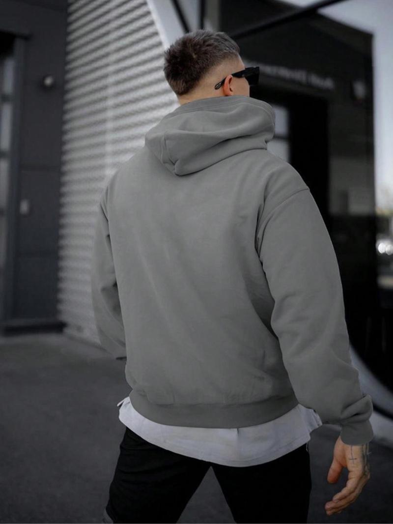 Product Introduction of Men's Solid Drop Shoulder Thermal Lined Hoodie, Casual Regular Fit Long Sleeve Pocket Hooded Sweatshirt for Fall & Winter, Men's Clothes for Daily Wear 8