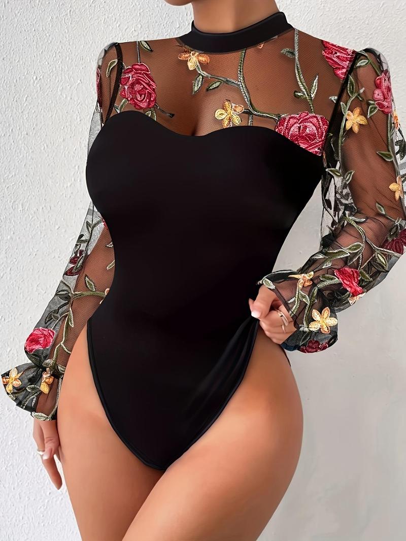 Product Introduction of Women's Floral Embroidery Sheer Contrast Mesh Flounce Sleeve Bodysuit, Elegant Mock Neck Long Sleeve Bodycon One Piece Bodysuit For Vacation Holiday, Ladies Spring & Fall Clothes 1