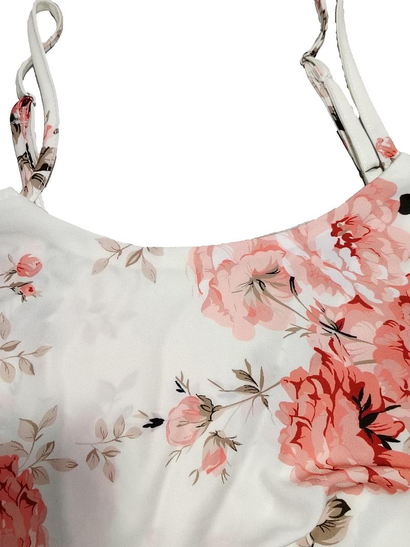 Product Introduction of Women's Floral Print Cold Shoulder Cami Blouse, Boho Ruffle Adjustable Strap Top for Summer, Ladies Clothes for Beach Holiday Vacation 6