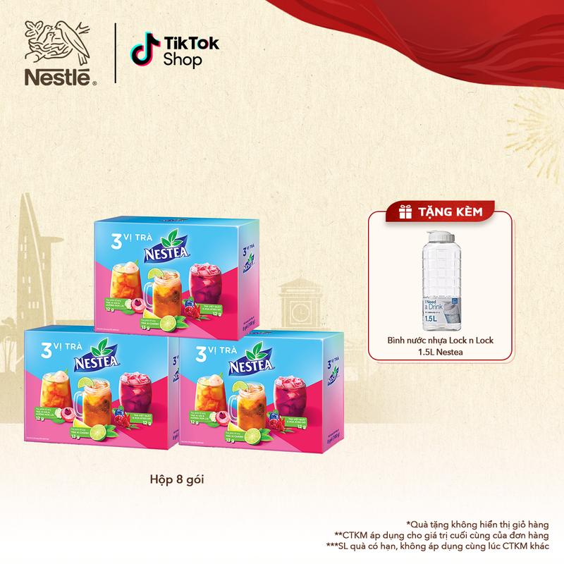 Nestlé VN Combo 3 Hộp bộ ba thực phẩm bổ sung Trà vị Chanh NESTEA (4 gói x 13 g) và Trà vị Vải và Hương Hoa Lài (2 gói x 12 g) và Trà Việt quất và Hoa Atiso Đỏ (2 gói x 12 g)-ST