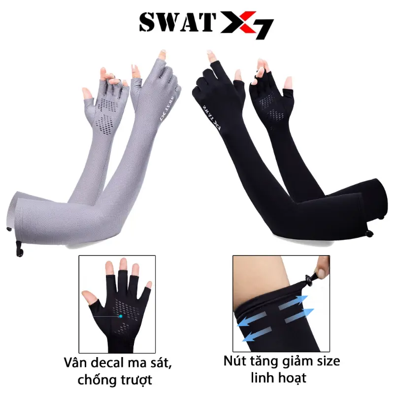 Bao tay dài chống nắng, chống tia UV, bảo vệ da hở ngón SWAT, găng tay, ống tay vải co dãn có vân chống trượt X7