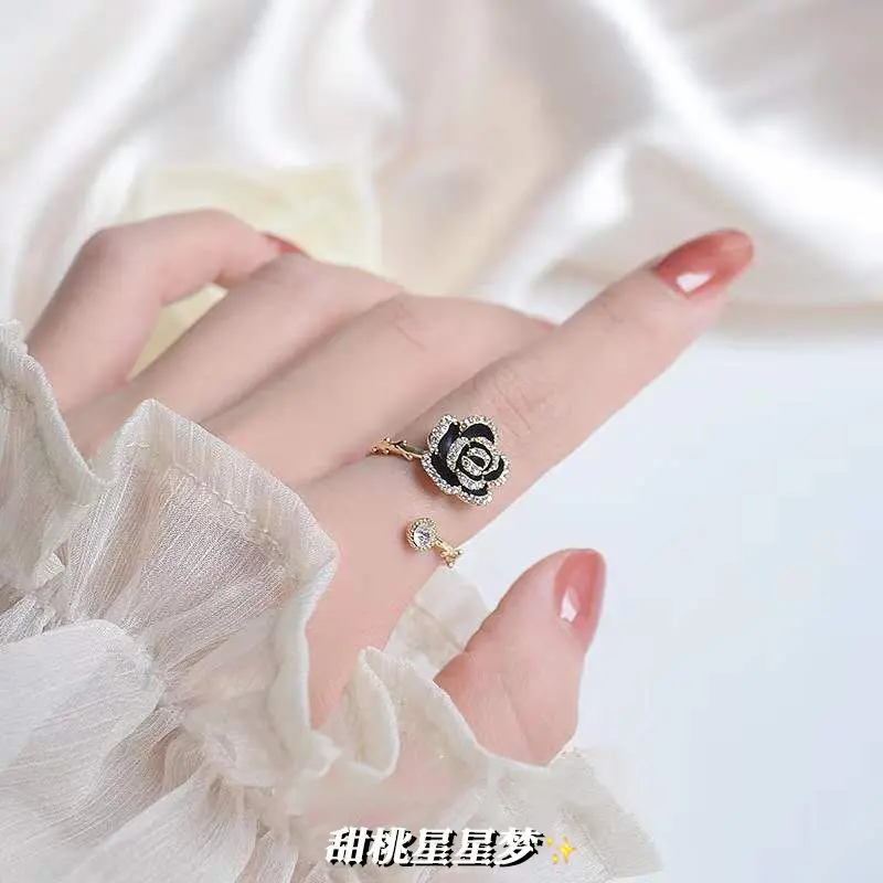 2025 New Black Rose Flower Inlaid Diamond Retro Niche Design Simple Ins Style Open Ring Fashion Personality Women 2025