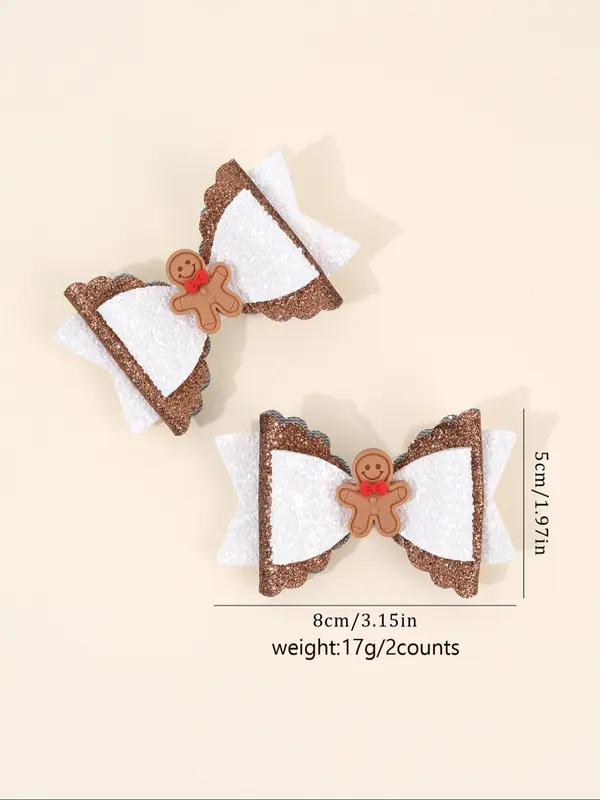 Cute Gingerbread Man Decor Bowknot Design Hair Clips, Glitter Hair Accessories for Girls, Fashion Hair Accessories for Party, Daily Clothing Decor 1
