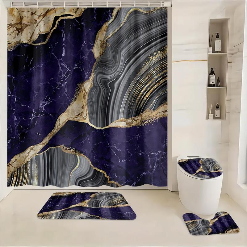 Marble Pattern Bathroom Accessories, 1 Set Including Shower Curtain with 12 Hooks, U-shaped Mat, Toilet Lid Cover Pad and Rectangular Mat 8