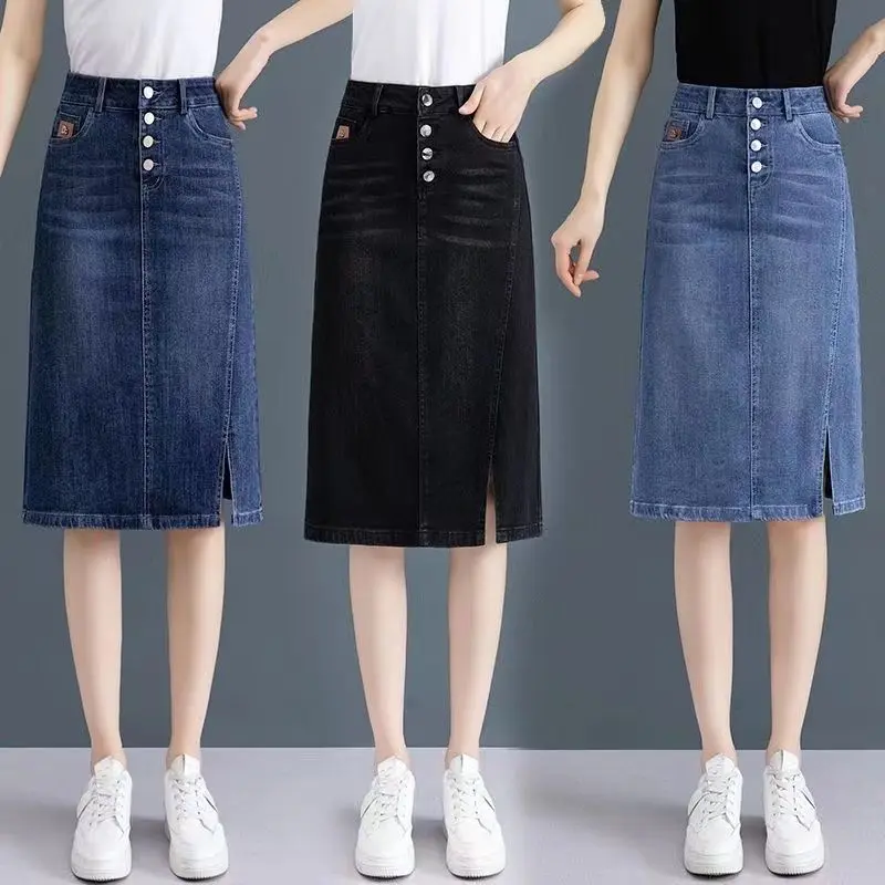 Chân Váy Denim Cạp Cao Dài Trung Bình Thiết Kế Đẹp, Dành Cho Nữ, Chân Váy Xẻ Tà Quá Gối, Chất Liệu Mỏng Độc Đáo, Hàng Mới Về Mùa Hè 2024 Women Khuy