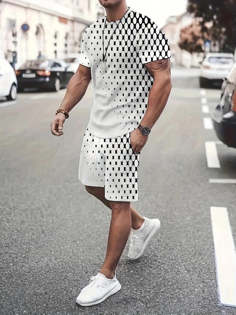 Product Introduction of Two Counts Men's Geometric Print Drawstring Shorts Set, Short Sleeve T-shirt & Pocket Shorts, Casual Spring & Fall Clothes for Men 4