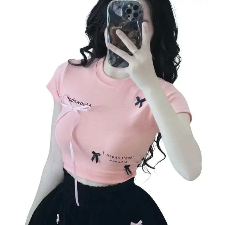 Áo thun Croptop in chữ phối nơ dài ôm body chất Borip cho nữ Women Cổ Tròn Voi   T-shirts Sen