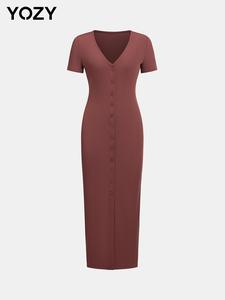 YOZY Women's Plain Button Front V Neck Ribbed Bodycon Dress, Elegant Short Sleeve Long Dress, Ladies Summer Clothes