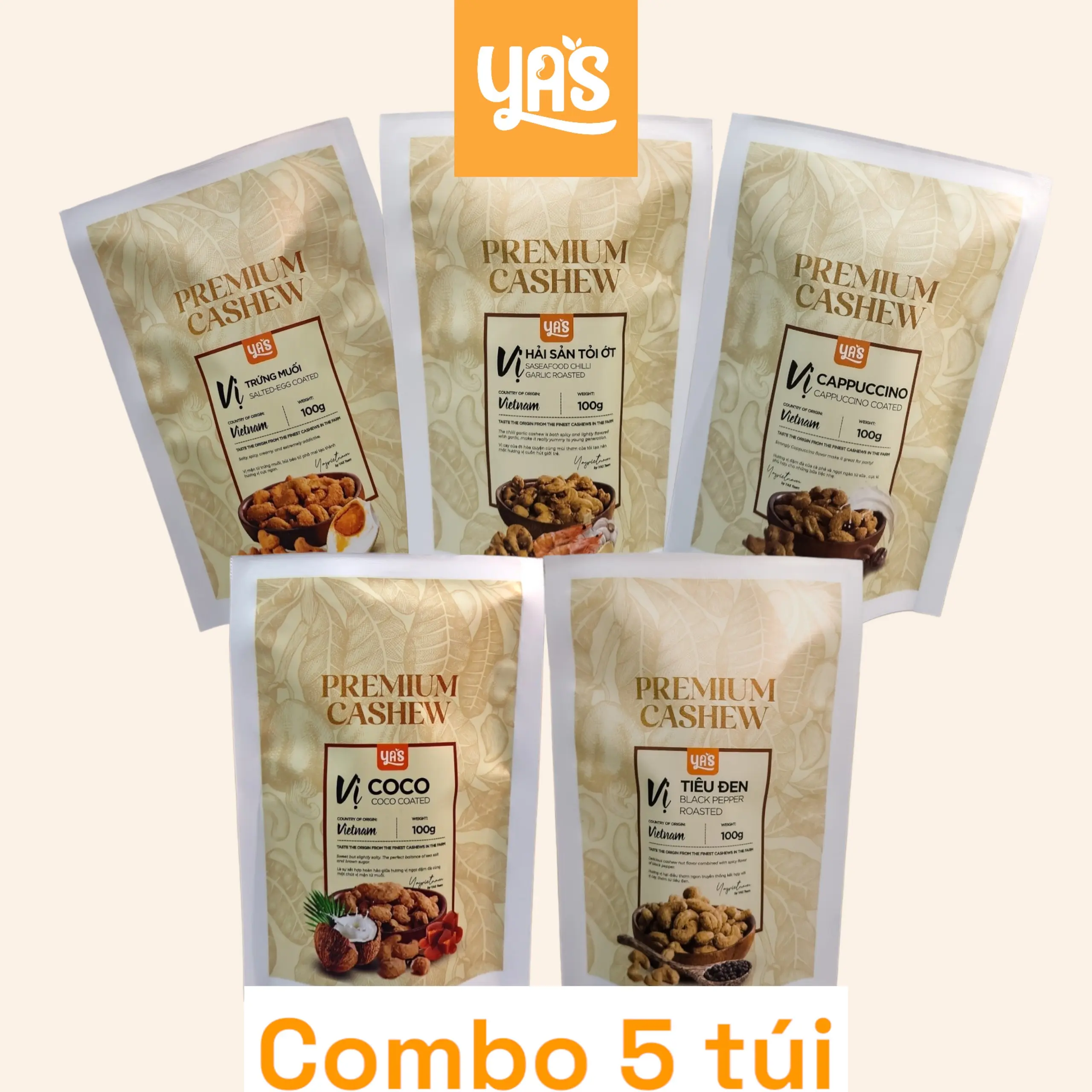 Combo 5 Túi Hạt Điều Tẩm Vị Loại 100g Nguyên Hạt Bao Gồm Vị Trứng Muối- Hải Sản- Tiêu Đen- Capu- Coco Snack Ăn Vặt Nuts hạtđiều 7vị