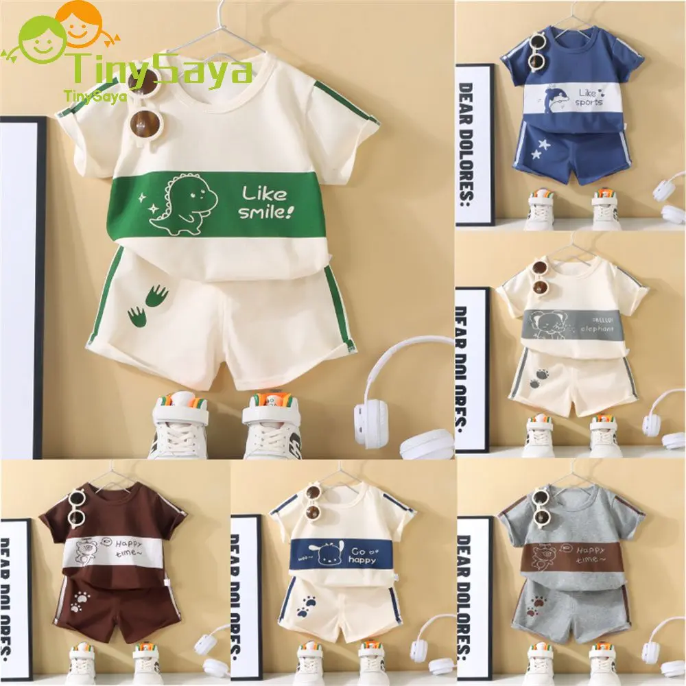 TinySaya Children's Short-sleeved Suit Terno Cartoon Animal Pattern Casual Pullover Shorts Suit Children's T-shirt Suit Boy Baby Baby Clothing Children's Wear