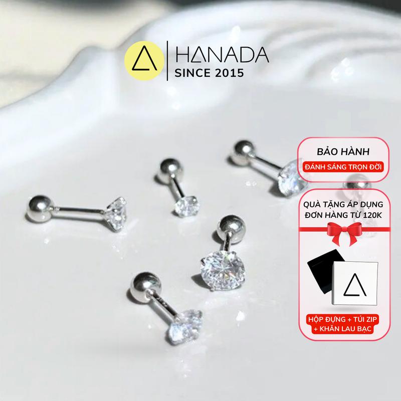 Bông Tai Bạc 925 Hanada Đá CZ6A Mang 2 Đầu Đá/Bi Tròn khuyên tai Chui Bi Vặn Đeo đơn giản nam nữ 0801 E06