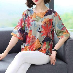M-4xl Free Shipping Ice Silk Floral Print half sleeve Chinoiserie T-shirt for Women Short Sleeve Shirts Loose Plus Size Middle-aged Mother blouse Female round neck Tees