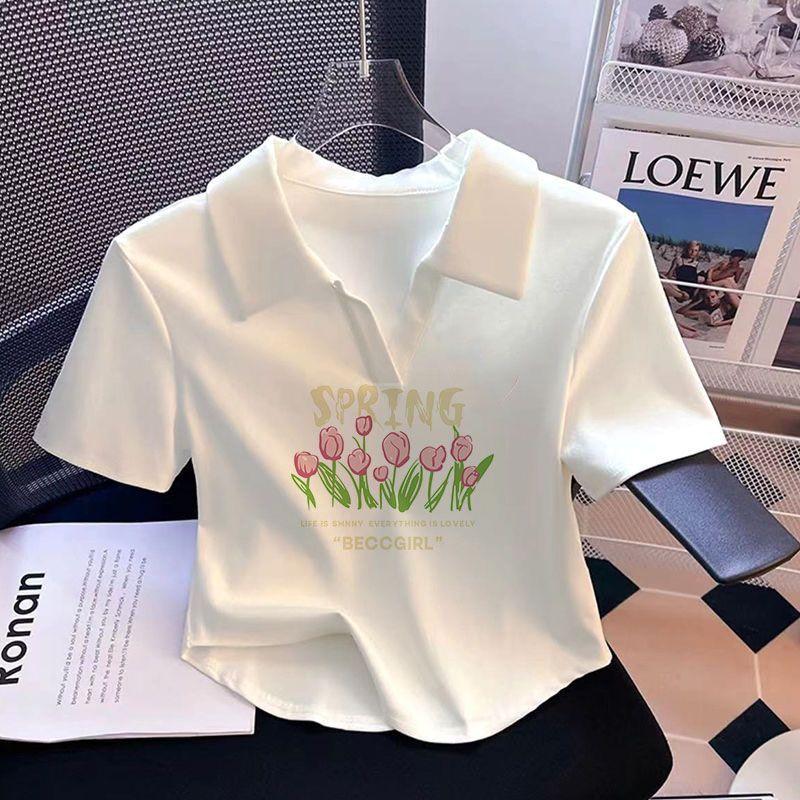 Product Introduction of [2281 Favorites] White Polo Collar Printed Short Sleeve T-Shirt for Women Summer Irregular V-Neck Pure Desire Style Sweet Hot Girl Short Top Womenswear Lingerie Comfort Casual Heart Love 11