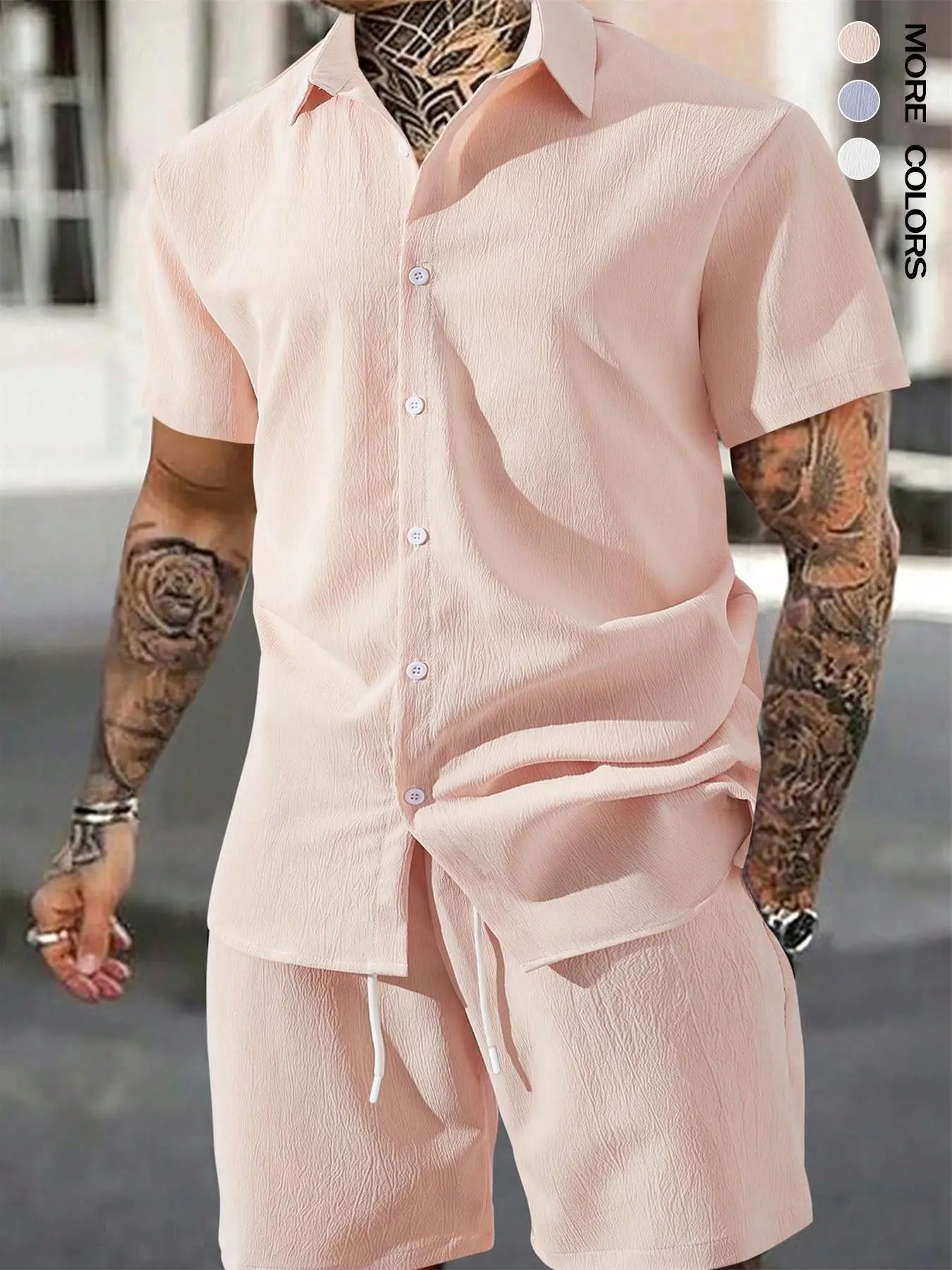 Men's Solid Color Short Sleeve Shirt & Drawstring Waist  Shorts Two-piece Set, Regular Fit Casual Fashion Button Front Collared Top & Pocket Shorts for Summer, Men Clothes Set for Beach Holiday Vacation