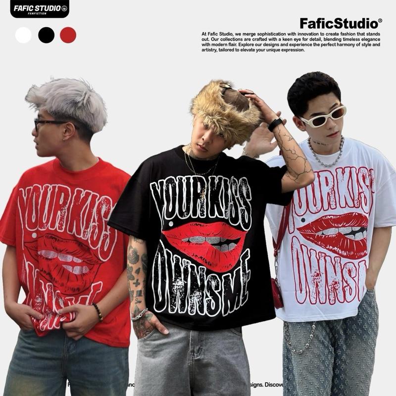 Áo thun nam nữ cổ tròn hình in your kiss owns me đính đá VẢI COTTON 280gsm tshirt boxy Fafic studio nữ Unisex