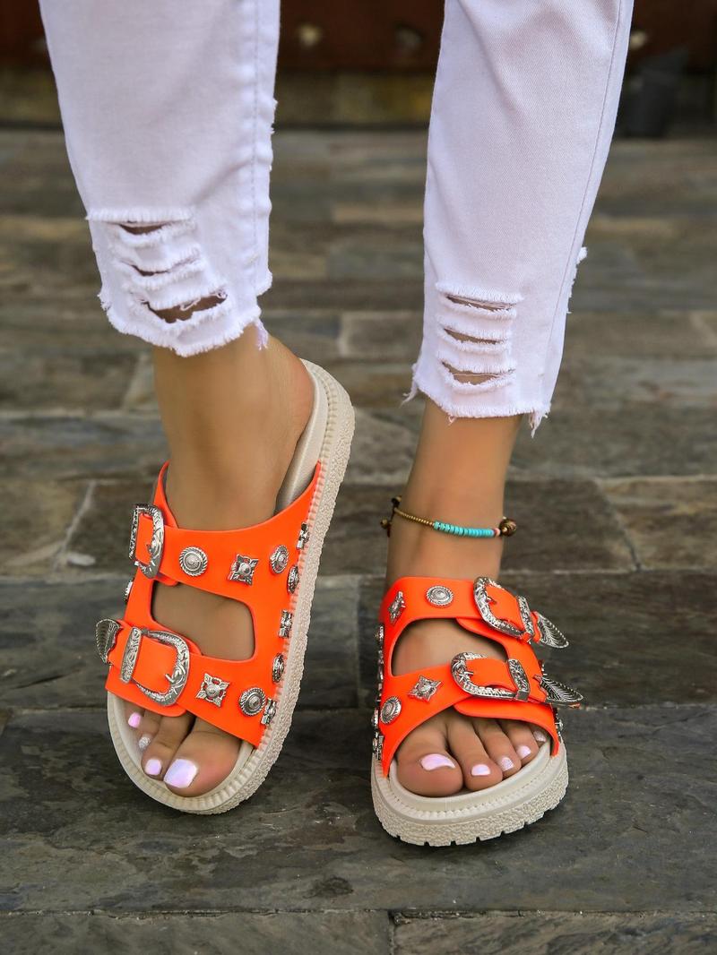 Product Introduction of Women's Fashionable Metal Decorated Sandals, Strap Slides, Casual Comfortable Breathable Sandals for Summer, Lightweight Non-slip Sandals for Daily Wear, Walking Shoes 9
