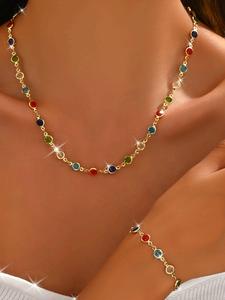 Collar y Pulsera Elegantes para Mujer con Decoración de Circonia Artificial Colorida, Joyería de Moda para Fiesta, Decoración Diaria de Ropa, Joyería Combinable y Exquisita para Regalo de Cumpleaños
