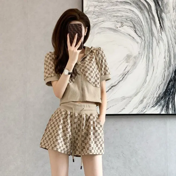 Internet Hot Casual Suit Women's Summer New Fashion Hooded Sweater High Waist Figure Flattering Shorts Sports Two-Piece Set