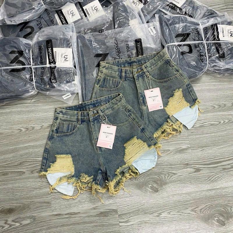 Quần shorts đùi jean nữ lòi túi rách đùi lưng cao