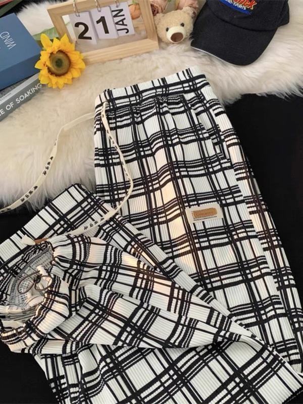 Quần Ống Rộng Nữ Phối Kẻ Caro - Quần Jogger Ống Rộng Chất Liệu Vải Thun Tăm 2024 Tập Gym Unisex Sport Tập Gym Tập Thể Dục