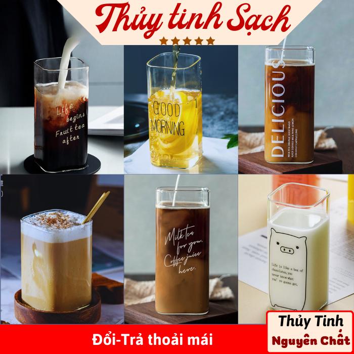 Ly thủy tinh vuông 250ml 400ml 500ml trong suốt uống nước cute chịu nhiệt pha cafe sinh tố, Cốc thủy tinh vuông dễ thương cocktail