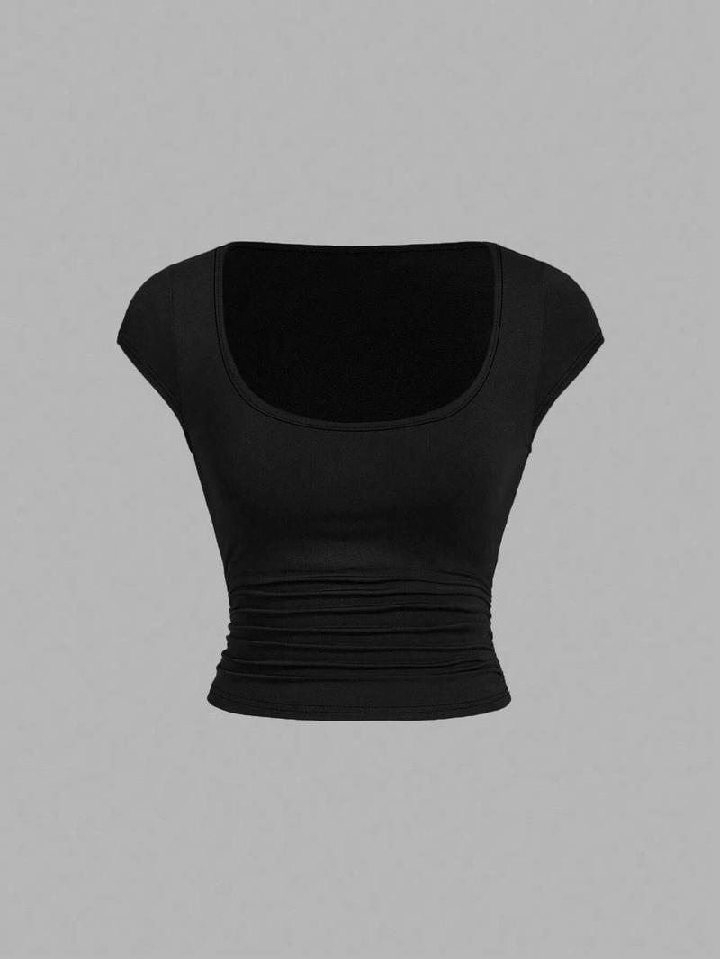 Product Introduction of Women's  Solid Ruched Scoop Neck Crop Tee, Casual Cap Sleeve T-shirt for Summer, Ladies Clothes for Daily Wear 7