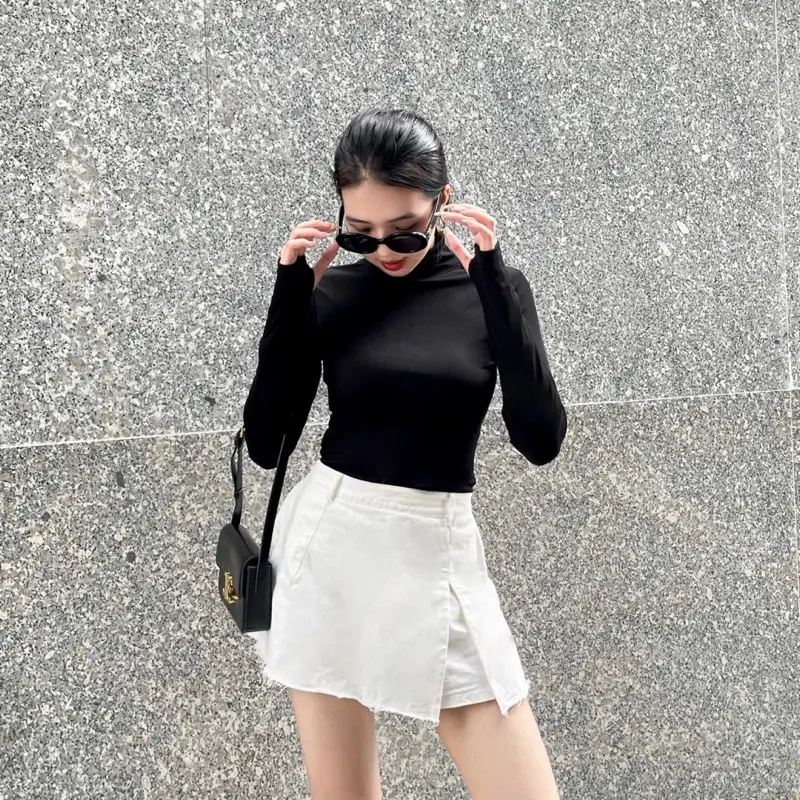 ÁO THUN GÂN TĂM MỊN CỔ LỌ TAY DÀI BODY NỮ