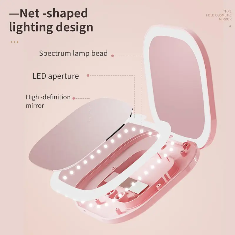 Double-sided LED Light Makeup Mirror, Portable Foldable Handheld Makeup Mirror with Touch Switch, 3-speed Brightness Adjustment Handheld LED Fill Mirror, White 2