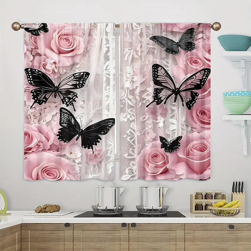 Butterfly & Rose Pattern Door Curtain, 2 Counts/set Lace Design Door Curtain, Window Curtain for Home Living Room Bedroom Decor 5