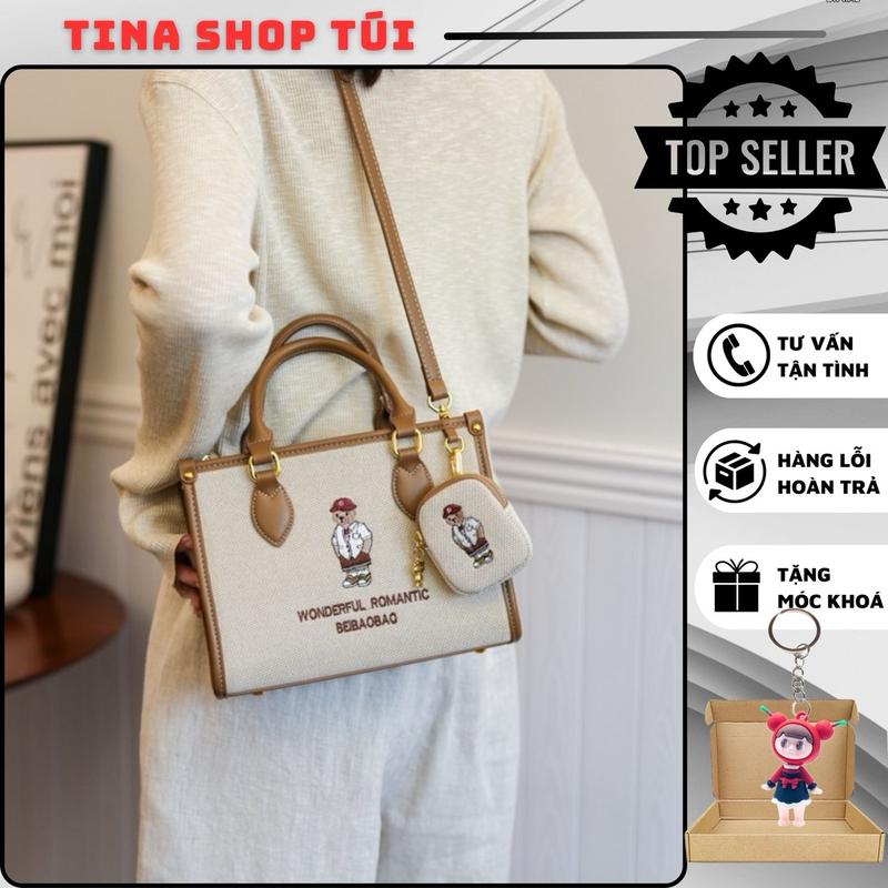 Túi cầm tay Beibaobao size 25cm; Túi xách tay, đeo chéo hoạ tiết gấu; kèm ví nhỏ Bag Nữ