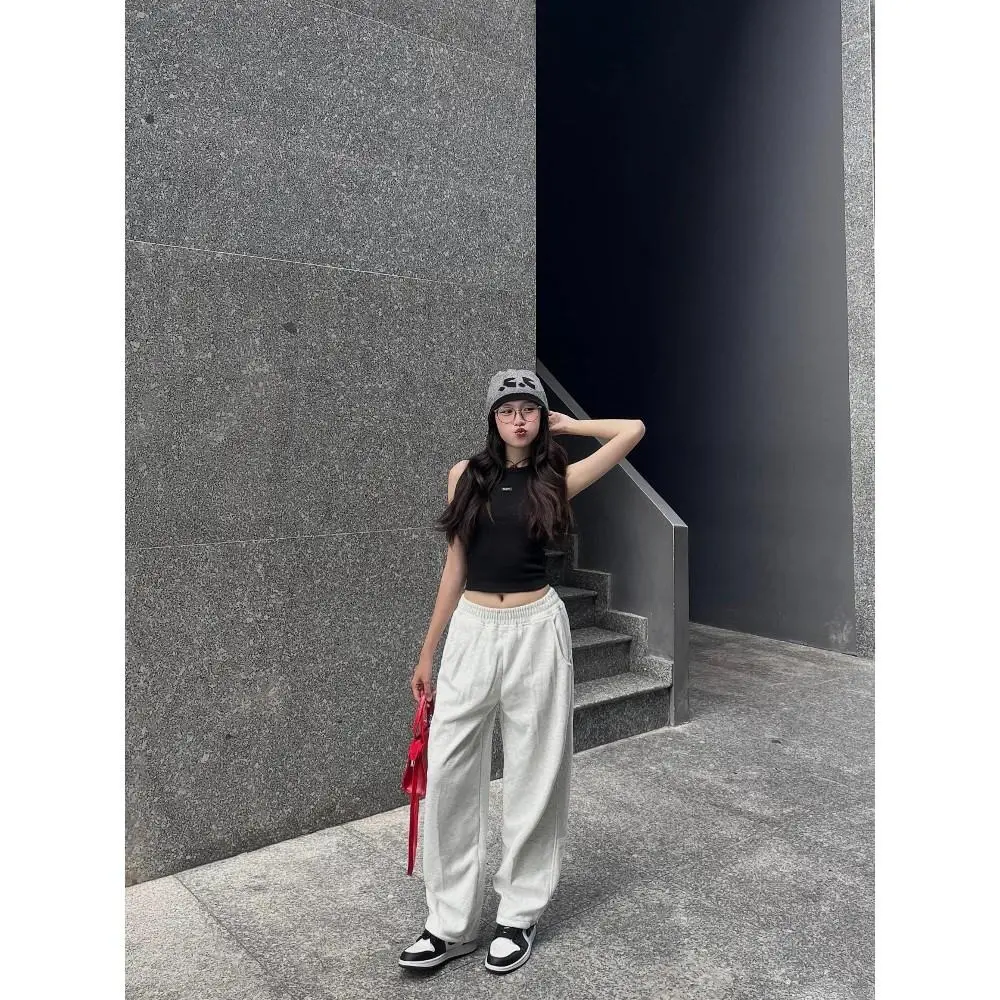 Quần thun ống suông rộng phối dây rút chất nỉ 2 da, Quần thun trơn unisex nam nữ