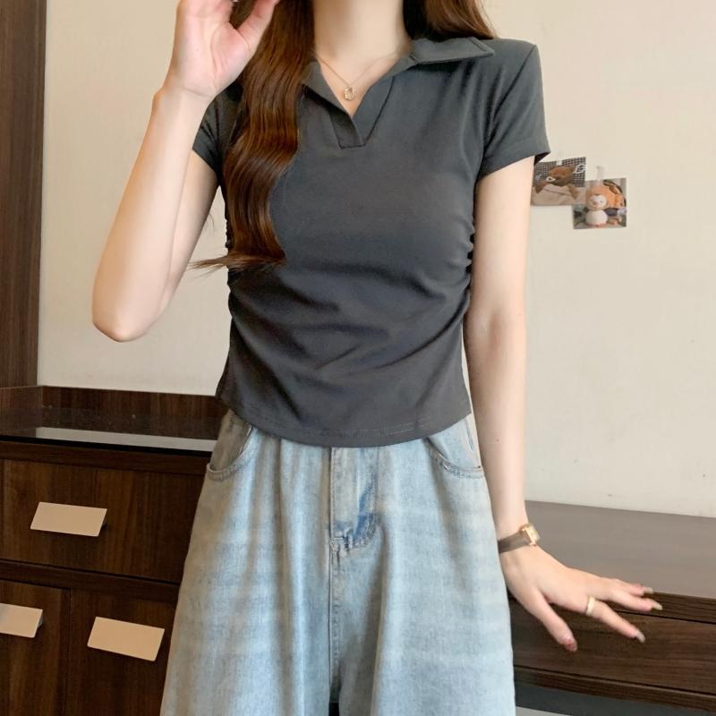 Product Introduction of 106 # Real Shot Real Price 40s Pure Cotton 210g (92% Cotton/8% Spandex) Polo Collar Waist-Cinching Short Sleeve T-Shirt for Women Top Womenswear 28