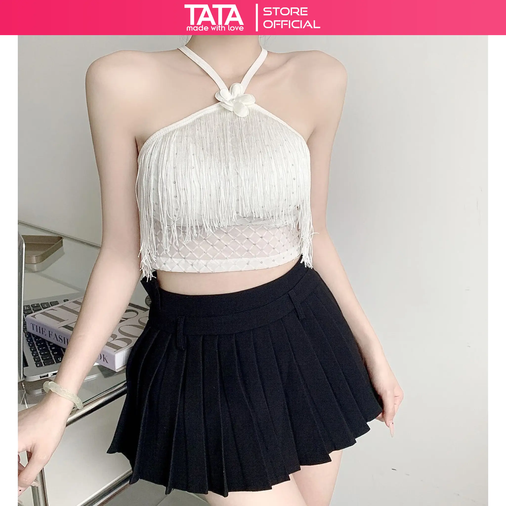 Áo Hai Dây Kèm Đệm Mút Dáng Ôm Họa Tiết Hoa Phối Tua Rua Thời Trang Cho Nữ Hàng QC Cao Cấp Top Women Kem
