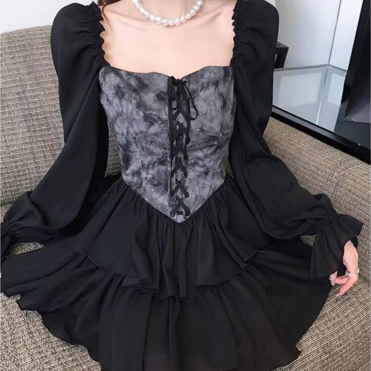 9030-1 đầm nàng thơ prom hack dáng ngắn váy liền thân đầm đen dự tiệc tùng phồng đi biển dài tay thanh lịch