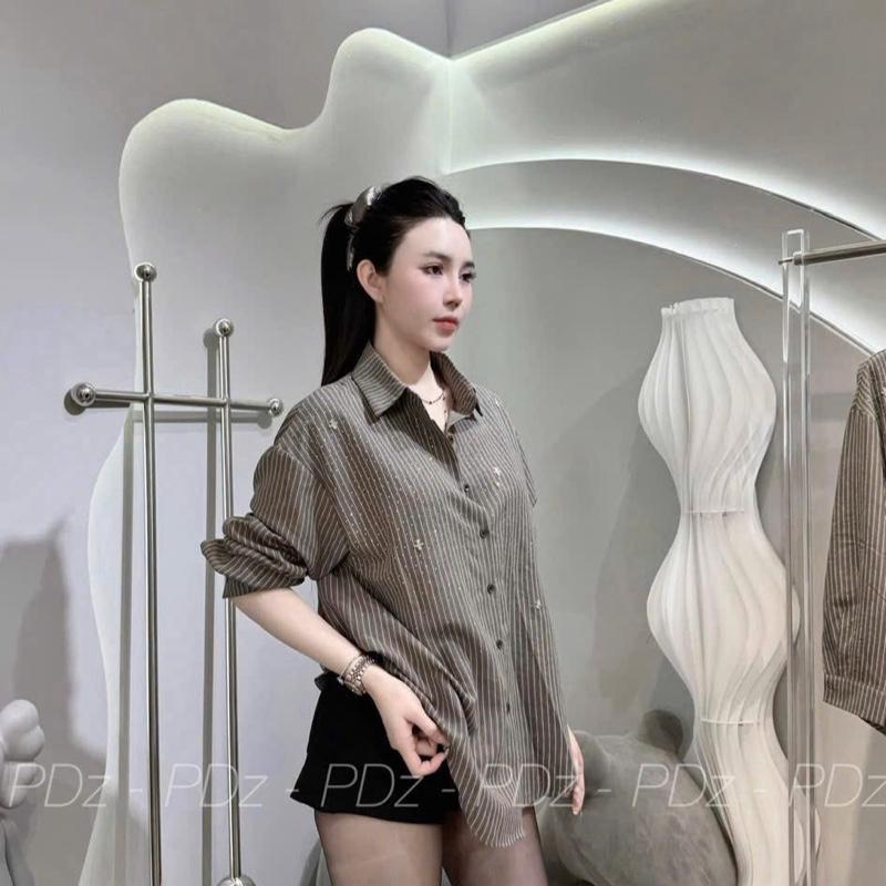 ( Hàng QC L1) Áo sơ mi đính đá màu ghi tôn da kèm túi móc dress nữ women Tre Voan 8